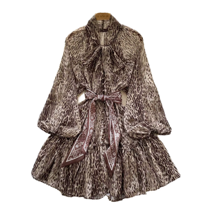 Abito da donna alla moda in seta con fiocco in pizzo gonna corta manica lanterna e stampa leopardata per l'estate - Product Image 1