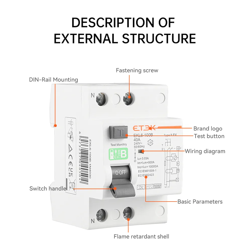 ETEK tipo di EKL6-100B B RCD 230V interruttori di circuito di dispersione in terra RCCB corrente residua RCCB per caricatore EV 2P 40A/63A/100A 30mA