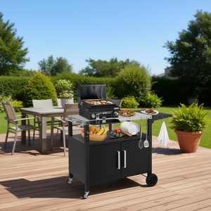 Chariot de barbecue extérieur moderne avec plaque de cuisson, 1 brûleur, en acier, pliable, thermolaqué, roues pivotantes, crochets de rangement, station de préparation BBQ - Product Image 2