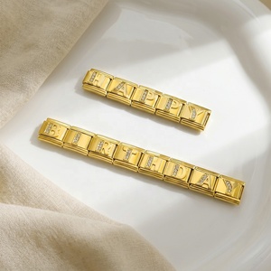 Gold-base Diamond-inlaid <b>Letter</b>-style Modular Bracelet Stainless Steel Electroplated DIY Customizable Name Wristband Chain - Product Image 5