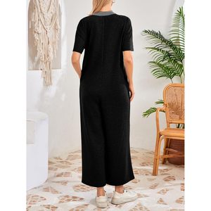 Mono casual holgado de verano para mujer, de manga corta, cuello en V, con botones, pierna ancha, de una pieza, color liso, pantalón largo. - Product Image 3