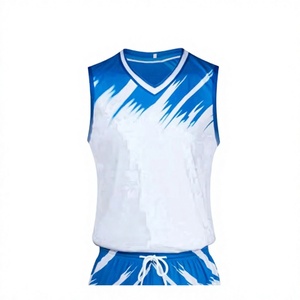 Conjunto de Camiseta de Baloncesto Sublimada Azul y Blanca para Hombre, Transpirable, 100% Poliéster, Cuello en V, Sin Mangas, con Pantalones Cortos con Cordón para Absorber la Humedad - Product Image 5