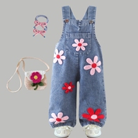 Salopette en jean brodée florale pour filles, pantalon ample à jambes larges pour tout-petits, vente en gros de vêtements pour enfants