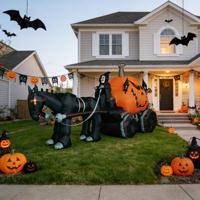 DST Halloween Décoration Gonflable Cheval de la Mort, Calèche Citrouille et Calèche Fantôme, Éclairée par LED, 6-8 pieds, avec Pompe à Air Électrique, Thème Surnaturel