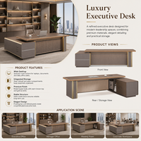 Bureau de direction moderne et design avec crédence latérale nervurée et finition dorée, grande table de PDG pour suite de direction