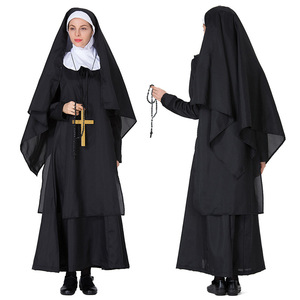 Costume de nonne pour femme, habit noir avec croix et chapelet, robe de cosplay pour Halloween - Product Image 1