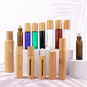 Bamboo Roller Ball Perfume Oil Essential Oil Glass Roll On Bottle With Roller Bamboo Lid