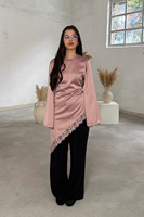 2026 Sharut Wholesale Dubai Robes, hauts en dentelle, chemises et blouses musulmanes pour femmes, à manches longues, décontractées, en satin, modestes, avec dentelle