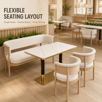 Banc scandinave avec revêtement en bouclette et fauteuils pour restaurant, ensemble de sièges à structure en bois avec table en pierre pour café