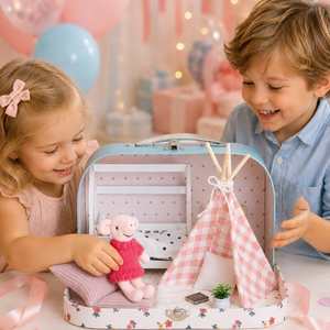 Portable Dollhouse Suitcase Miniature Bedroom Play set Wooden Bunk Star <strong>Bedding</strong> Gingham Teepee Rug Pretend Play - Product Image 2