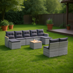 Ensemble de canapés de jardin modulaires en rotin PE gris, mobilier d'extérieur au design contemporain, coussins en mousse haute densité - Product Image 2