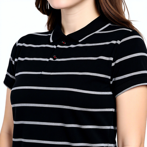 Camiseta Polo a Rayas Personalizada al por Mayor para Mujer, Manga Corta, 100% Algodón, Tejido Transpirable, Corte Regular Informal, para Primavera y Verano - Product Image 1