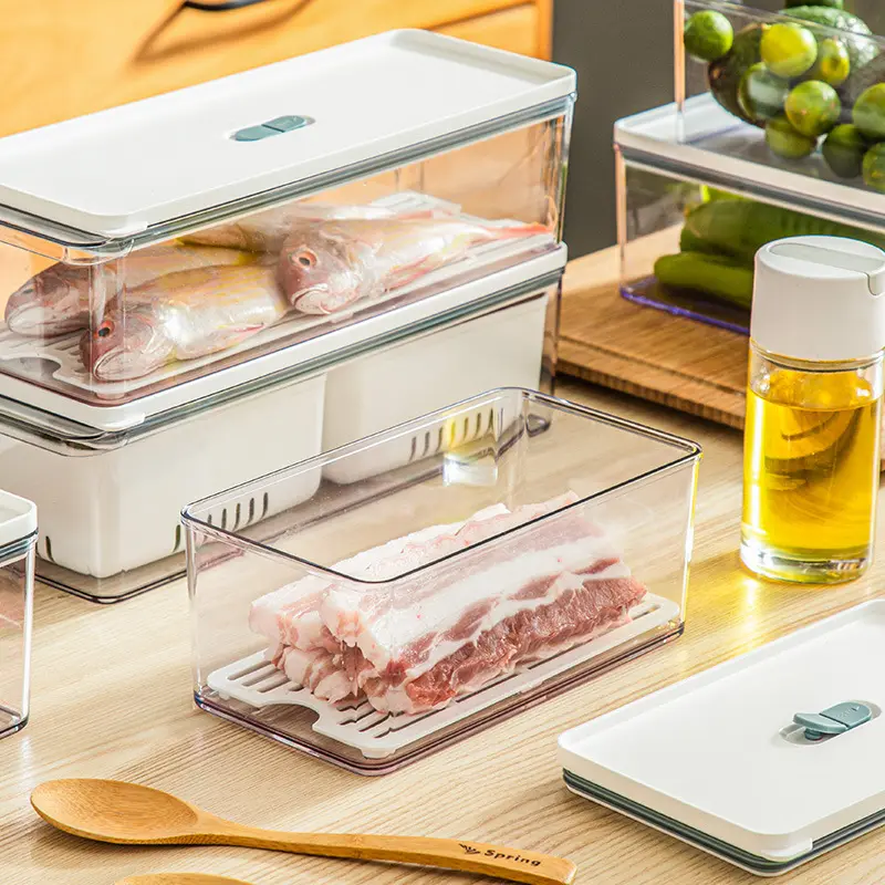 Kitchen Acrylic Clear Food Container Plastic Freezer Refrigerator Organizer Bin Food Storage Box with Drain Board/Basket