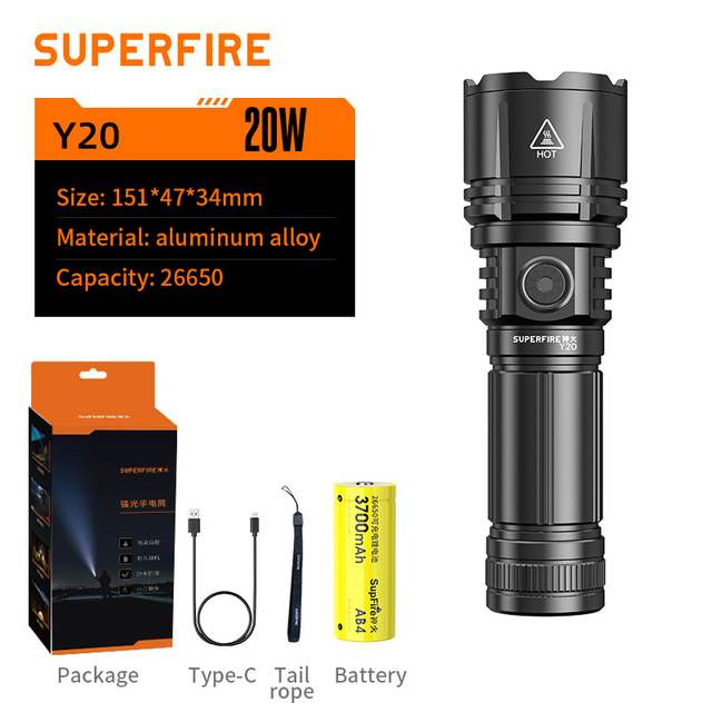 High Lumen Industrial Aluminum Alloy LED Rechargeable Flashlight with Tail Rope Waterproof 700m Beam Distance