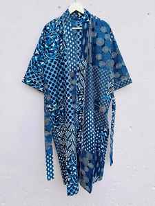 Robe kimono en coton, imprimé patchwork indigo, peignoir doux et léger, vêtement de maison bohème pour femmes - Product Image 3