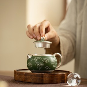 Théière en porcelaine He Fusen, motif algues vert foncé, avec couvercle en argent 999, style oriental, coffret cadeau - Product Image 4