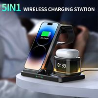 5 In 1 Draadloze Oplader Stand Led Licht Wekker Opvouwbaar Snellaadstation Dock Voor Iphone 15 14 13 Apple Watch Airpods