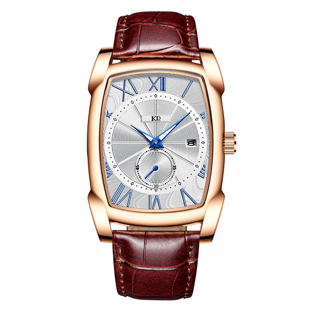 Tonneau Quartz Watch Fashion Men's Stainless Steel Case Glass Genuine Leather Strap Water Resistant 3BAR Vintage Pointer
