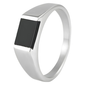Yunnique Stainless Steel <b>Ring</b> Geometric Quadrilateral Bezel Setting Black Inlay Unisex Fashion Jewelry Gift <b>Silver</b> Tone - Product Image 5