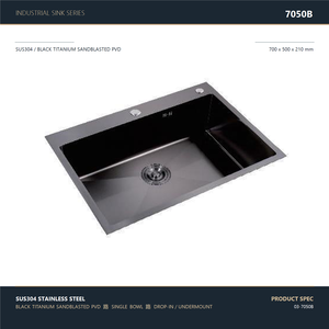 Fregadero de cocina grande de un solo seno de acero inoxidable 304 con acabado PVD negro bronce de 700x500mm empotrable con grifo extraíble - Product Image 1