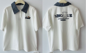 <span class=keywords><strong>Polo</strong></span> blanc pour <span class=keywords><strong>femme</strong></span> avec col à carreaux, broderie ours et imprimé lettres, haut à manches courtes - Product Image 6