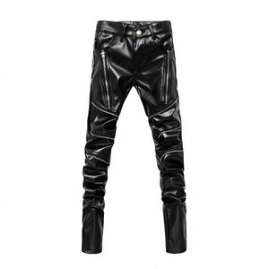 Men's <b>Black</b> PU Coated Biker <b>Pants</b> Slim Fit Motorcycle Trousers Multi Zipper Streetwear Fashion Riding <b>Pants</b> - Product Image 1