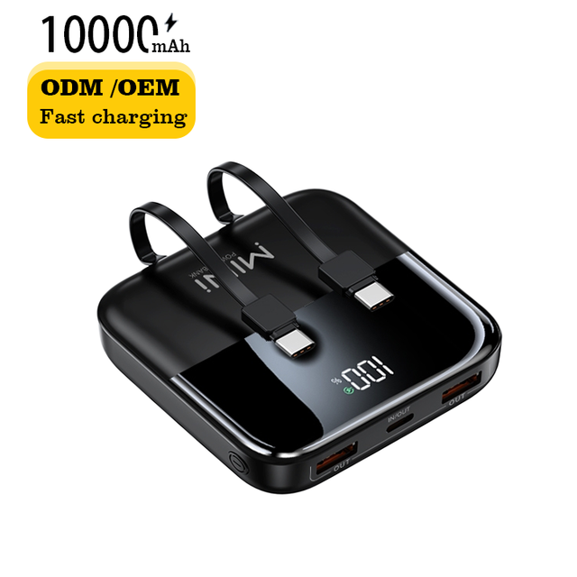 Factory Wholesale 10000 Mah Li-Polymer Battery Mini Dual USB Ultra Slim Portable Power Bank with Fast Charging Built-in Wire