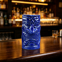 Mug Tiki en céramique bleu foncé 3D gaufré, motif tribal fureur, pour cocktail hawaïen, idéal pour bar Tiki