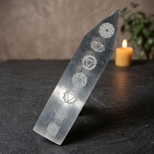 Pendentif baguette plate en sélénite gravée Chakra, outil de guérison Reiki, ensemble de collection d'art, vente de pierres précieuses, bracelet en cristal, Gujarat - Product Image 3
