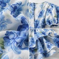 Robe Mini Femme Bleue Hortensia Fleurie Col V Profond Manches Ballon Volants Fit Flare Soirée OEM ODM Grossiste Fournisseur B2B