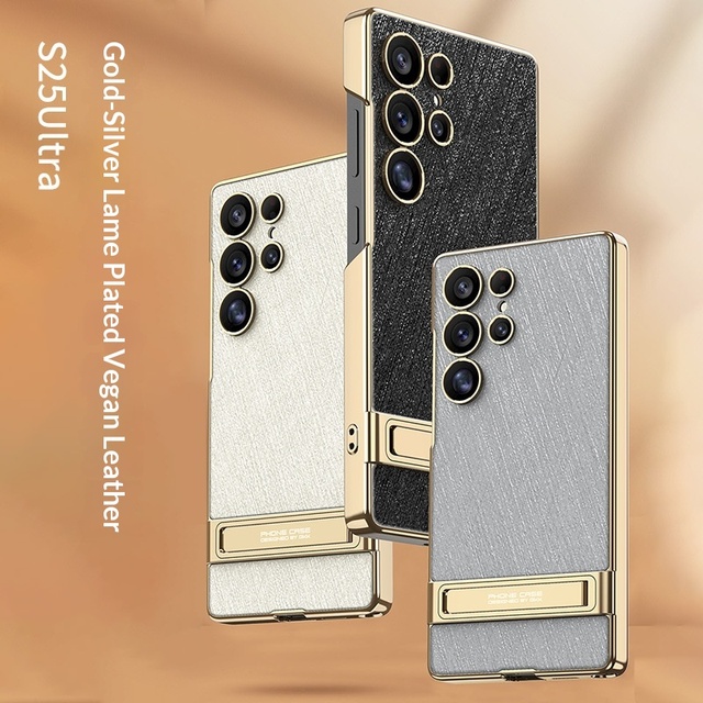 For Samsung S25 Ultra Triumph Stand Phone Case Luxury Gold Silk Silver Brocade for Men Women Shockproof PU S25U/S24U Compatible