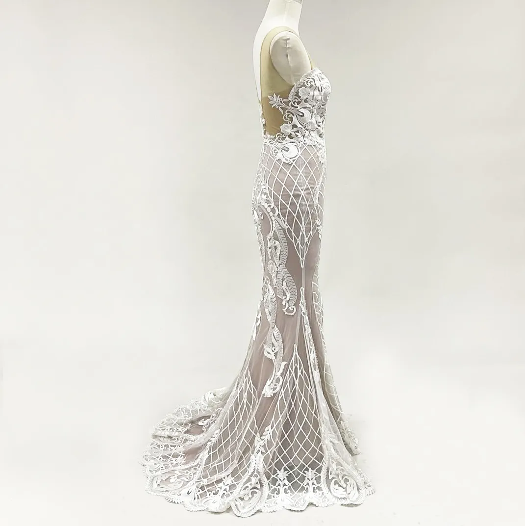 Kdg Sexy Backless White Sexy Perspective Deep V Neck Dresses 2020 Designs Wedding Dress Bridal Real Sample Mermaid Wedding Dress