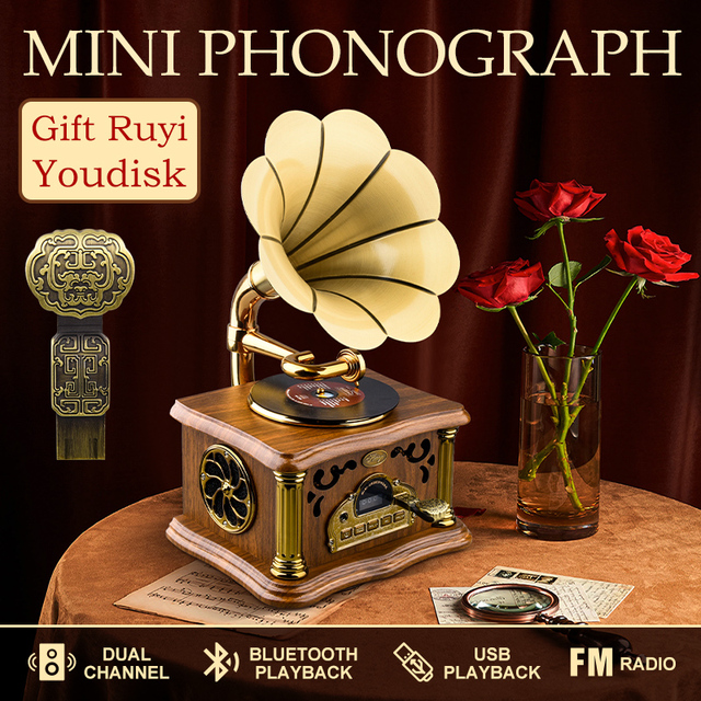 Retro for Bluetooth Gramophone Turntable Record Player with Gold Horn Speaker Wood & Metal Desktop Decor