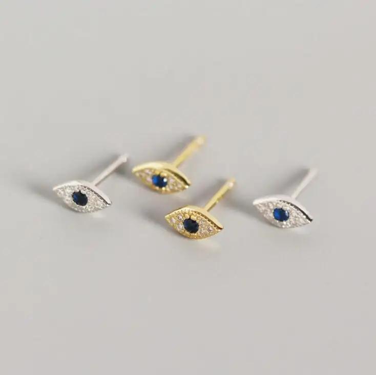 Minimal and Delicate Jewelry Sterling Silver 18k Gold Tiny Charm Blue Stone CZ Pave Blue Eye Stud 925 Silver Earrings