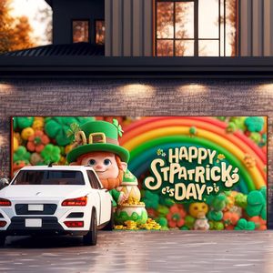 Bannière de porte de garage pour la fête de la Saint-Patrick, grande décoration, avec lutin et arc-en-ciel, personnalisable pour l'extérieur - Product Image 4