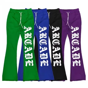 Custom 100% Cotton Fleece Flare Track Jogger Pants Wholesale Men Stacked Sweatpants Puff Print