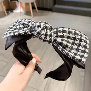 Moda tasarım ekose kumaş geniş yay düğümlü kafa saç Scrunchies Retro tarzı siyah kafa çember bantlar