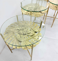 Ensemble de tables basses de luxe en verre feuille avec base en laiton cuivré, tables d'appoint rondes contemporaines pour salon et hôtel