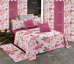 Customized wholesale polyester bed sheets printed color king size 13pcs bedding set with matching curtains in stock