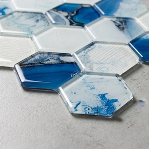<span class=keywords><strong>Mosaico</strong></span> in Vetro Lucido a Forma di Esagono Blu e Bianco per Decorazione d'Interni, Villa, Casa, Hotel - Product Image 2
