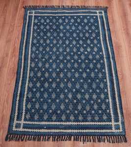 Handwoven Indigo Cotton Dhurrie Rug <b>Block</b> Print Indian Carpet Bohemian Floor Rug Home Decor - Product Image 5
