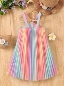Sommerkleid für Babys ab 6 Monaten, Lässige Baumwollkleidung mit Knöpfen, Lebhaftes Regenbogen-Design, Plissierter Rock, Wellenförmiger Kragen, Prinzessinnenkleid in Knielänge - Product Image 2