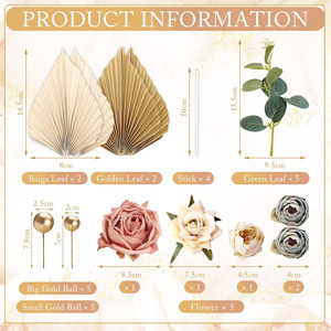 Éventail en feuille de palmier thème bohème, fleur artificielle rose, inserts pour gâteau d'<span class=keywords><strong>anniversaire</strong></span>, accessoires de décoration DIY - Product Image 4