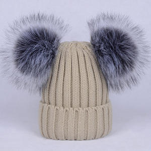 D1859 Topi Wol Rajut Wanita Musim Dingin, Topi Beanie <span class=keywords><strong>Pom</strong></span> Ganda Bulu Rajut Hangat Mode 2019 - Product Image 6