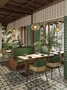 Fauteuil en bois massif avec dossier en rotin et canapé vertical en PU vert, table à manger sur piétement massif, mobilier de <span class=keywords><strong>café</strong></span> et restaurant - Product Image 2
