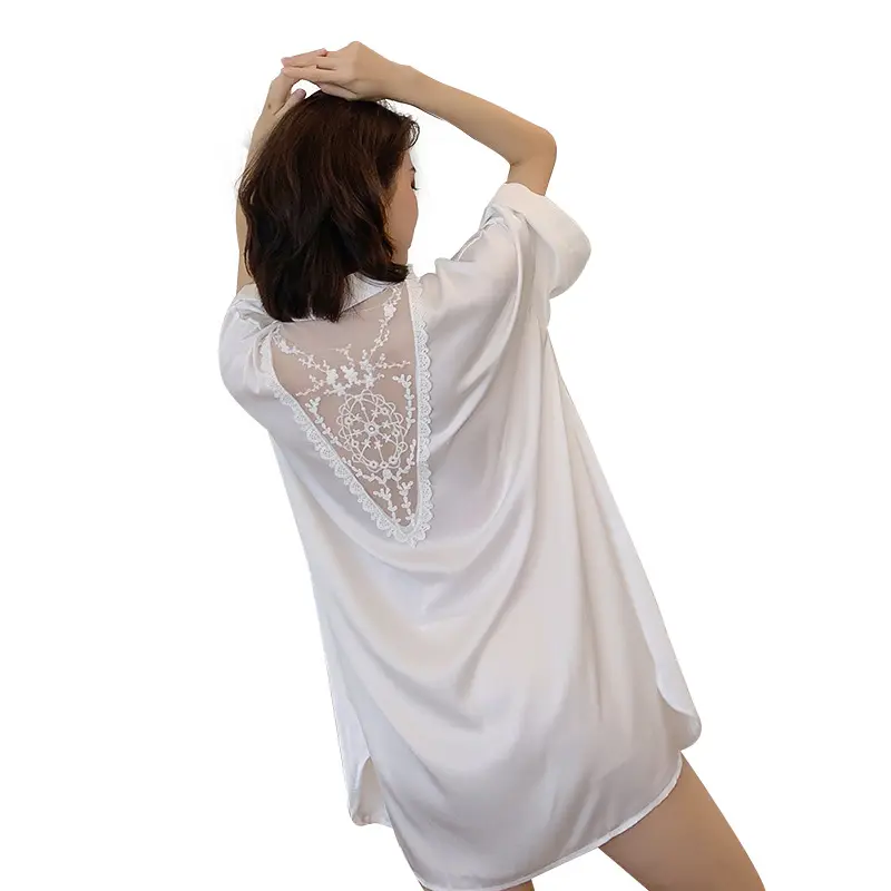 Netflix sexy encaje ahuecado hermosa espalda camisón camisa blanca vestido cómodo pijama suelto señoras homewear