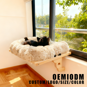 Holz-Katzenbett Weich Komfortabel Abnehmbar Waschbar Plüsch-Füllung Quadratisches Design für Kleine/Große Katzen für Innenbereich Fensterbänke Schlafzimmer - Product Image 1