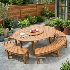 Ensemble de table à manger de jardin ronde en teck massif avec 4 bancs sans dossier incurvés et plateau tournant - Product Image 5