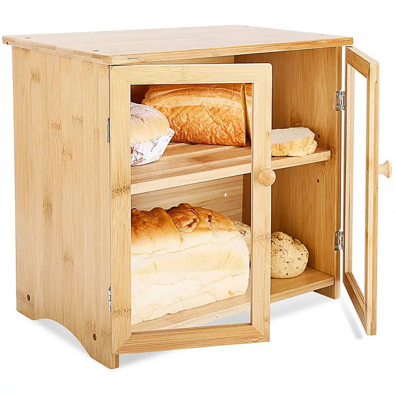 Custom DIY Vintage 2 Layers BambooBread Boxes with 2 Clear Windows and Cutting Board for Kitchen Food Storage