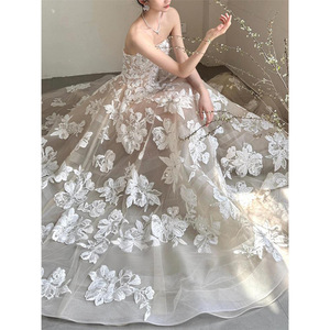 Strapless Lace Ball Gown Wedding Dress Floral Embroidered Organza Tulle Natural Waistline Bridal Reception Dress - Product Image 4